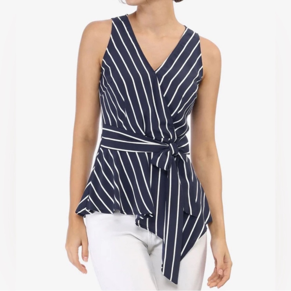 Allegra K Navy Blue Striped Sleeveless Blouse